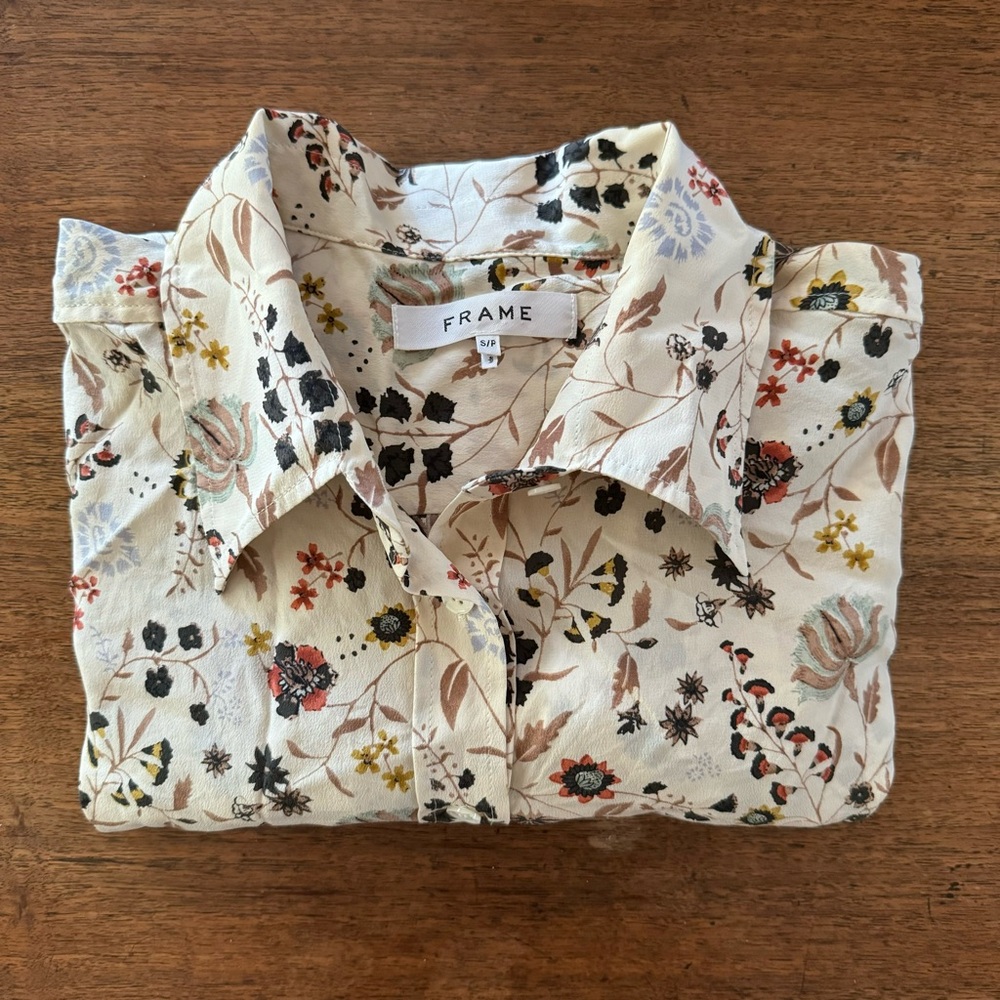Frame Ruffle Cuff Off-White Multi Floral Silk ‘70s shirt S/P